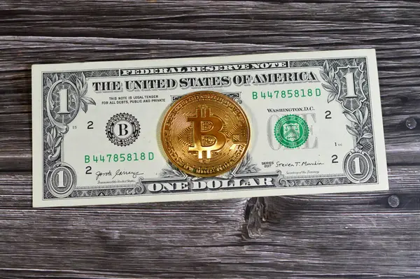 Bitcoin fiziksel altın sikke ile Amerikan dolar banknotu, BTC 1. Merkezi olmayan kripto para birimi, P2P bitcoin ağındaki düğümler işlemleri kriptografi ile doğruladı ve blockchain ile kaydedildi