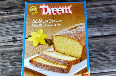 Cairo, Egypt, October 31 2024: Dreem cake vanilla mix flavor, powder mix for preparation of a soft cake, the mix contains a proportionate blend of wheat flour, sugar, sodium bicarbonate, flavors, salt clipart