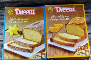 Cairo, Egypt, October 31 2024: Dreem cake mix flavors of orange and vanilla, powder for preparation of a soft cake, contains a blend of wheat flour, sugar, sodium bicarbonate, flavors, salt clipart