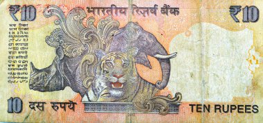 Hindistan Merkez Bankası tarafından yayınlanan 10 Hindistan Rupisi 'nin ters tarafının büyük bir bölümünde sol merkezde gergedan ve fil kafası, Hint para birimi ve ekonomi kavramı yer alıyor.