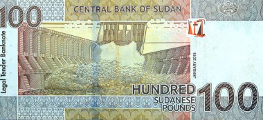 Sudan 2019 Merkez Bankası tarafından verilen 100 pound 'un büyük bir ters tarafında 2009 yılında açılan Merowe hidroelektrik baraj nehri Nil, Sudan para banknotu yer alıyor.