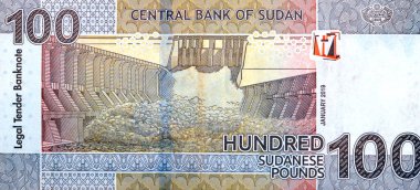 Sudan 2019 Merkez Bankası tarafından verilen 100 pound 'un büyük bir ters tarafında 2009 yılında açılan Merowe hidroelektrik baraj nehri Nil, Sudan para banknotu yer alıyor.