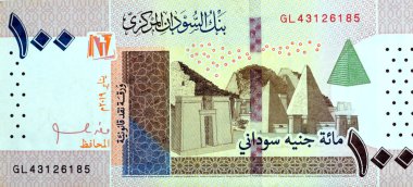 Sudan 2019 'un merkez bankası tarafından verilen 100 Sudan sterlininin ters tarafının büyük bir kısmında antik Kushite krallıkları tarafından inşa edilen Meroe yakınlarında unutulmuş Sudan Nubian piramitleri yer alıyor.