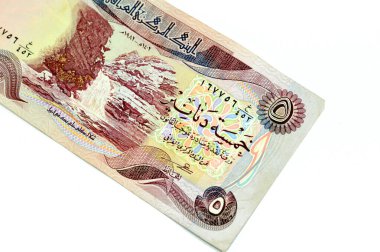 Irak merkez bankasının 1982 yılındaki beş dinar banknotu, merkezinde Gall-Al Beg şelalesi, eski moda Irak nakit para faturası, seçici odaklı