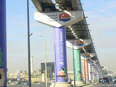 Cairo, Egypt, November 27 2024: WUF 12 Advertisements on Cairo monorail columns, The Twelfth Session of the World Urban Forum WUF12 UN-Habitat United Nations from Nov 4th to November 8th clipart