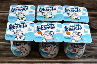 Kahire, Mısır, 31 Aralık 2024: Labanita doğal yoğurdu, doğal kalsiyum, vitamin ve mineral kaynağı ve koruyucu madde içermiyor, doğal yoğurt, seçici odaklanma