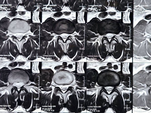 Magnetic Resonance Imaging MRI of the lumbosacral spine shows Spondylodegenerative changes of the lower dorsal and lower lumbar spine, multilevel degenerative disc lesions between L3-4, L4-5, L5-S1