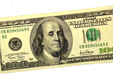 100 dolarlık banknot serisi 2001 'in ters yüzü. Başkan Benjamin Franklin' in portresi. Eski Amerikan parasının klasik retro 'su.