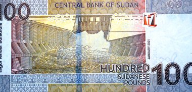 100 SDG 'nin ters tarafının büyük bir kısmı 100 Sudan sterlini nakit para banknotu, Merowe hidroelektrik barajı, nehir Nil, 2009' da açıldı, CBOS amblemi, Lintels