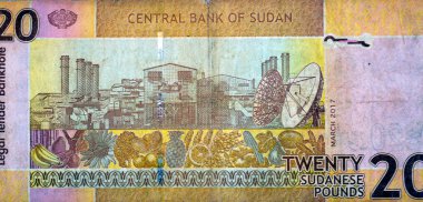 Sudan merkez bankası tarafından hazırlanan 20 SDG 20 Sudan sterlini nakit para banknotunun büyük bir kısmında Antik Petrol Rafinerisi, Radyo uydu antenleri, Fruits ve Sebzeler yer alıyor.