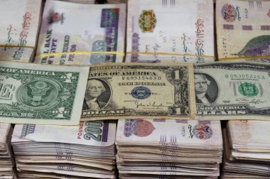 ABD doları banknotlar ve Mısır Yığınlar ve Yığınlar para binlerce Pound banknotlar 200 EGP LE, Mısır para döviz kuru, ekonomi durumu, para kavramı