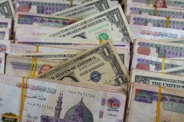 ABD doları banknotlar ve Mısır Yığınlar ve Yığınlar para binlerce Pound banknotlar 200 EGP LE, Mısır para döviz kuru, ekonomi durumu, para kavramı