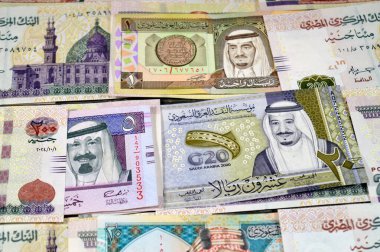 Suudi Arabistan riyalleri SAR nakit para banknotları ve Mısır yığınları para binlerce Pound döviz banknotları 200 EGP LE, Mısır para döviz kuru, ekonomi durumu, para kavramı