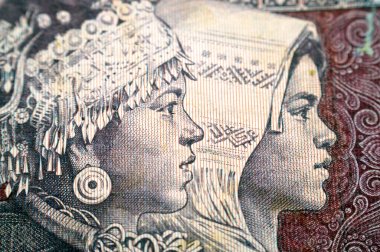 Miao ve Zhuang milletlerini temsil eden iki kız Çin Halk Bankası 'nın 5 Çin Jiao nakit para banknotunun ters tarafındalar.