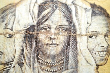 Eritre 'nin dokuz ulusundan üç çocuğun portresi 1 ERN NFK' nin ters tarafından bir Eritre Nakfa nakit para banknotu, Eritre bankasının bayrağını göndere çekiyor.