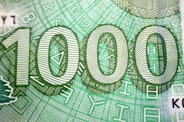 1000 Livres 'in ters tarafında 1000 Livres pound nakit para banknotu, Latin ve Fenike harfleri disk, sedir ağacı ve büyük banknot 1000.