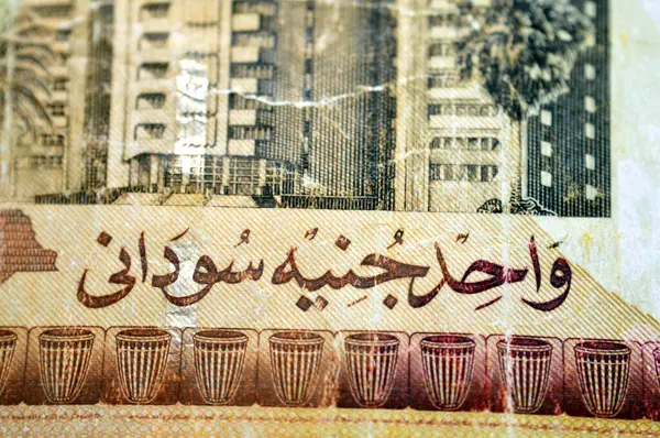 Sudan Merkez Bankası tarafından 1 SDG bir Sudan pound nakit para banknotu ters tarafı, Sudan Bankası, Hartum, Sudan para ve ekonomi konsepti içerir.