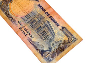 1 SDG bir Sudan pound nakit para banknotu ters tarafı, Hartum 'daki Sudan Merkez Bankası binası, Sudan' ın eski antika parası, seçici odak noktası