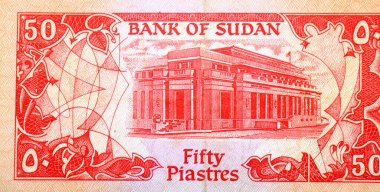 50 PT 50 Sudan kuruşu nakit para banknotunun büyük bir kısmı, Sudan Merkez Bankası binası, Hartum Hartum, eski Sudan para banknotu