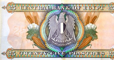 25 PT 25 Mısır Piasters 'ın büyük bir kısmı nakit para banknotu, Arap Mısır Cumhuriyeti Arms (şahin), mısır, pamuk ve buğday, Eski Mısır parası içerir