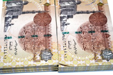 1 EGP LE 1 Mısırlı nakit para banknotları, sol merkezde Sultan Qaitbay camii, Mısır para döviz kuru ve ekonomi konsepti