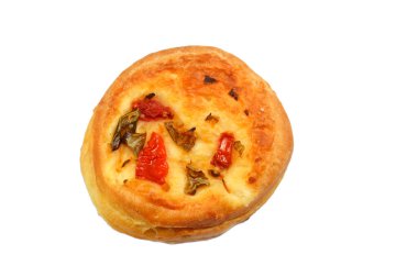 Sebzeli vejetaryen malzemeler Pizzette Pizzetta mini pizza, üzerinde domates ve biber parçaları olan küçük bir pizza, fırında pişirildi ve atıştırmalık olarak servis edildi.