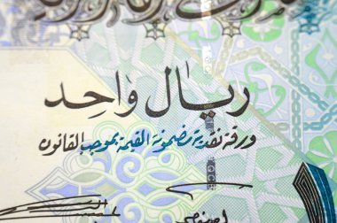 Katar Riyal nakit para biriminin 1 Katar Riyal 'ın ters tarafının bir parçası. Katar banknotunun para birimi. Sütun, kemer, yelkenli, palmiye ağaçları, çapraz kılıçlar, antika eski Katar faturası.