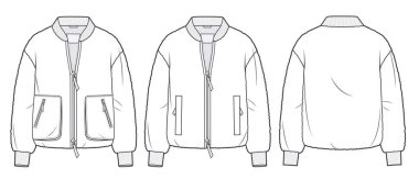 Sahte Kürk Bombacısı Ceketi Teknik Moda İllüstrasyonu. Fermuar ceketi teknik çizim şablonu, deri cepler, ön ve arka görünüm, beyaz, kadın, erkek, unisex CAD model seti.