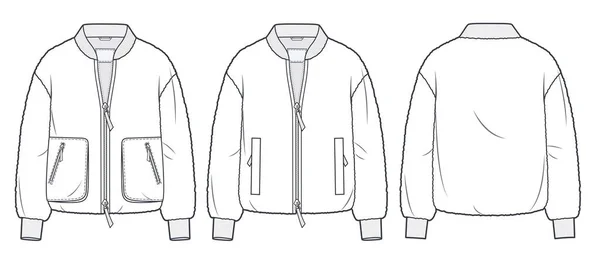 Faux Fur Bomber Jacket Moda Técnica Ilustração Zipper Jacket Modelo — Vetor de Stock