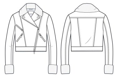Sahte Kürk moda illüstrasyonlu Unisex Bisiklet Ceketi. Sheepskin Coat moda düz çizim şablonu, ön ve arka görünüm, beyaz renk, kadınlar, erkekler, unisex CAD modeli.