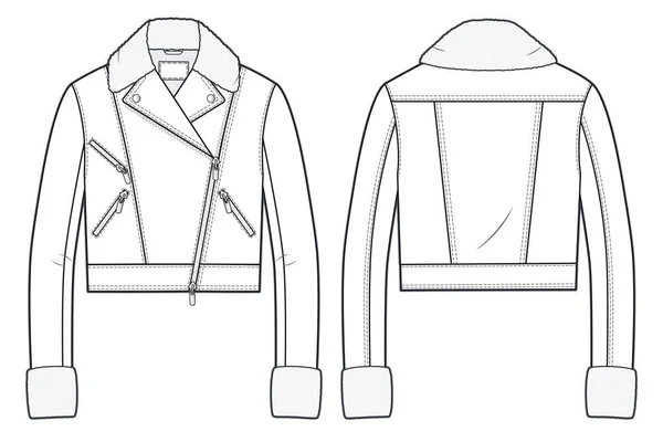 Unisex Biker Jacket Faux Fur Technical Fashion Illustration Sheepskin Coat — Stock Vector