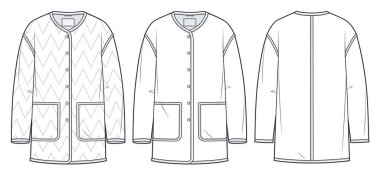 Kadın yastıklı ceketi teknik moda illüstrasyonu. Büyük Boy Down Coat teknik çizim şablonu, uzun kol, cepler, ön ve arka görünüm, beyaz, CAD model seti.