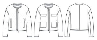 Kadın yastıklı ceketi teknik moda illüstrasyonu. Kırpılmış Ceket teknik çizim şablonu, uzun kollu, cepleri, ön ve arka görünümü, beyaz, CAD model seti.