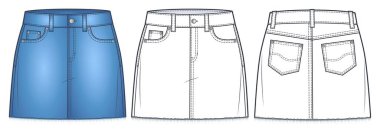 Kadınlar Denim Etek Teknik Moda İllüstrasyonu, Mavi Tasarım. Ham kenarlı kot etek, orta bel, ön görüş, arka görüş, beyaz, kadın CAD model seti. 