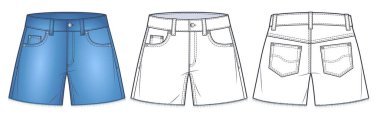 Ham kenarlı kısa pantolon, teknik moda illüstrasyonu, mavi tasarım. Denim style Shorts moda düz çizim şablonu, önde, arkada, beyaz, kadın, erkek, unisex CAD modeli.