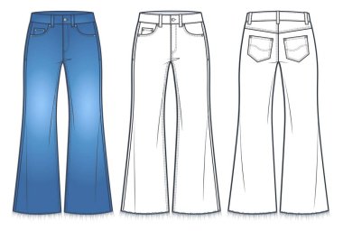 Unisex alttaki pantolonu alevlendirdi. Teknik moda illüstrasyonu, mavi tasarım. Çiğ kenarlı, orta bel, kıvrımlı, ön görüş, arka görüş, beyaz, kadın, erkek, unisex CAD modeli.. 