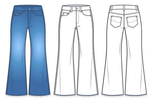 Unisex Flared Bodem Jeans Broek Technische Mode Illustratie Blauw Design — Stockvector