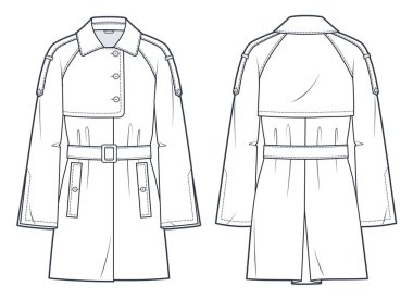 Trench Coat Teknik Moda İllüstrasyonu. Kemerli palto düz teknik çizim şablonu, alevli raglan kolları, cepler, ön ve arka görüş, beyaz, kadın, erkek, unisex CAD model seti.