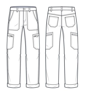 Kargo Pantolonu Teknik Moda İllüstrasyonu. Kot Pantolon Düz Teknik Şablon, Cepler, Ön ve Arka Görünüm, Beyaz, Kadınlar, Erkekler, unisex CAD.