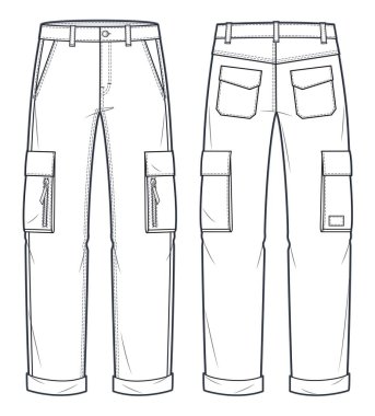 Kargo Pantolonu Teknik Moda İllüstrasyonu. Kot Pantolon Düz Teknik Şablon, Cepler, Ön ve Arka Görünüm, Beyaz, Kadınlar, Erkekler, unisex CAD.