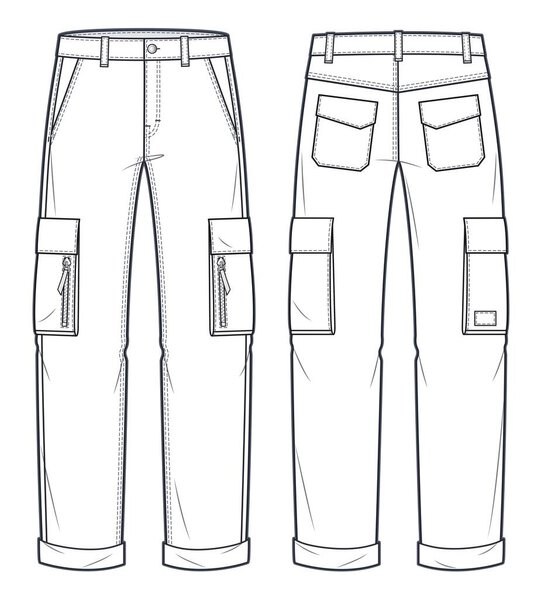 Cargo Pants technical fashion Illustration. Jeans Pants fashion flat technical drawing template, pockets, front and back view, white, women, men, unisex CAD mockup.