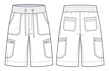 Erkek Kargo Şortu Teknik Moda İllüstrasyonu. Short Pants moda düz çizim şablonu, ön ve arka görünüm, cepler, elastik kemer, beyaz, unisex CAD model seti.