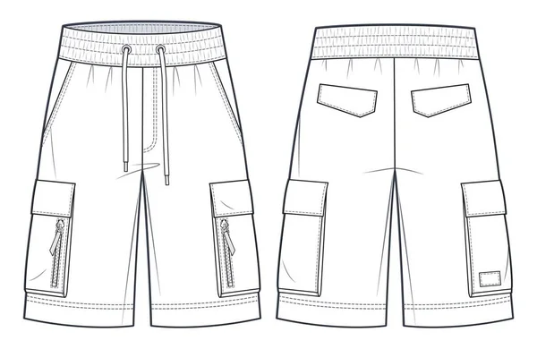 Unisex Cargo Shorts Technical Fashion Illustration 短裤时尚平面技术绘图模板 后视图 弹性腰带 单面Cad模型设置 — 图库矢量图片