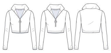 Uzun kollu top teknik moda illüstrasyonu. Kadın yuvarlak yakalı üst moda düz çizim şablonu, ince kesim, fermuar kapama, ön ve arka görüş, beyaz, CAD model seti.