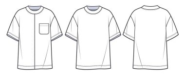 Çok formda tişört teknik moda illüstrasyonları. T-Shirt moda düz teknikli çizim şablonu, cep, ön ve arka görünüm, beyaz renk, kadın, erkek, unisex CAD model seti.