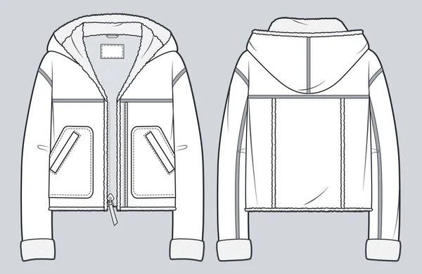 Hooded Jacket Faux Fur Technical Fashion Illustration Sheepskin Coat Bomber — Stock Vector