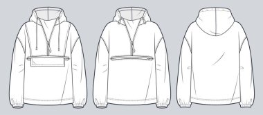 Unisex Hoodie teknik moda illüstrasyonu. Kapüşonlu Sweatshirt set düz çizim şablonu, cep, fermuar, ön ve arka görüş, beyaz, kadın, erkek CAD modeli.