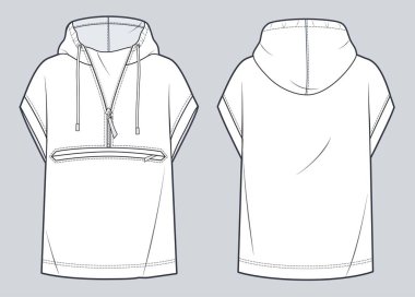 Unisex Kısa Kollu Kapüşonlu Teknik Moda İllüstrasyonu. Büyük boy Sweatshirt moda düz çizim şablonu, fermuar, cep, ön ve arka görünüm, beyaz, kadın, erkek, unisex edepsiz model.