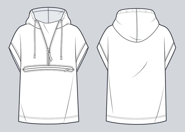 Unisex Short Sleeve Hoodie Τεχνική Απεικόνιση Μόδας Oversize Sweatshirt Μόδας — Διανυσματικό Αρχείο