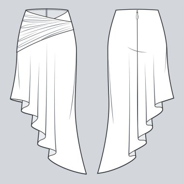Asimetrik Drape Etek Teknik Moda İllüstrasyonu. Kadın eteği düz çizim şablonu, A-line, örtülü detay, fermuar, ön ve arka görünüm, beyaz, CAD modeli.    